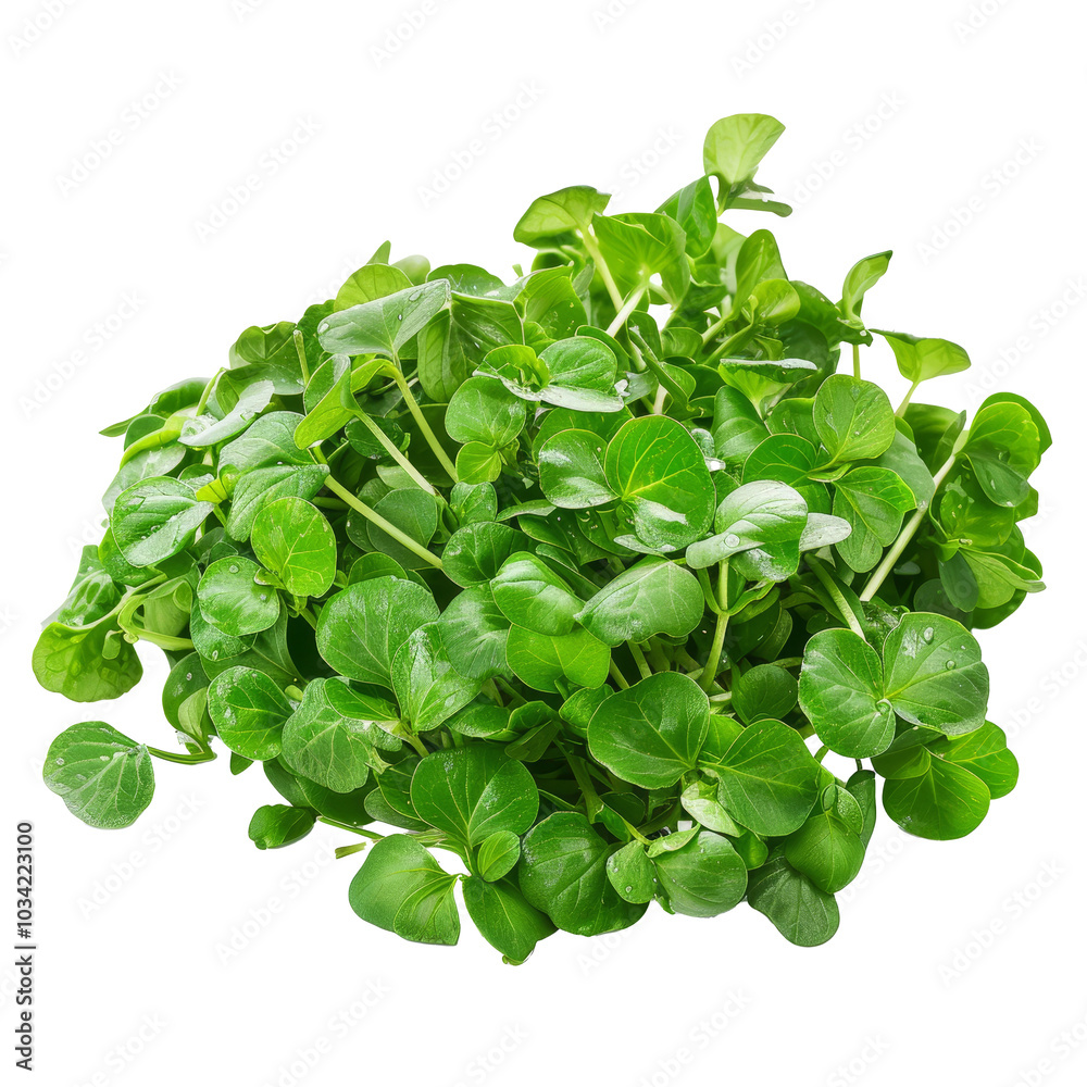 Freshly harvested watercress arranged neatly against a transparent background, showcasing its vibrant green color and delicate leaves