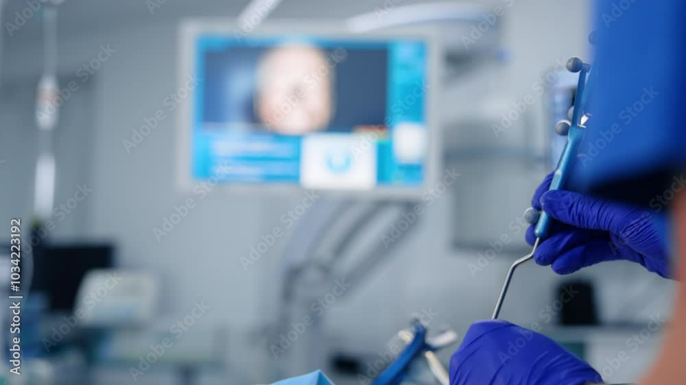 Hand of a surgeon in blue latex gloves holding a probe for brain work examination. MRI head scan at the screen at backdrop in blur. Hand of a surgeon in blue latex gloves holding a probe for brain work examination. MRI head scan at the screen at backdrop in blur.
