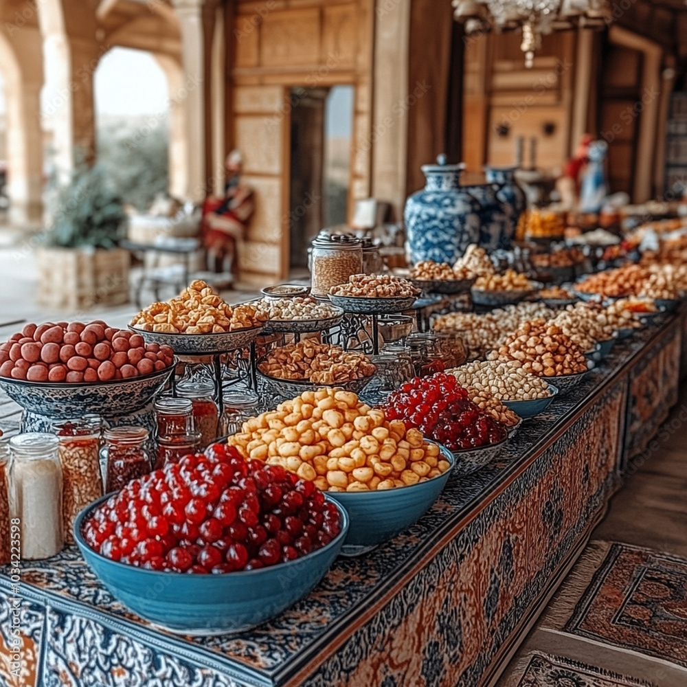vibrant display of traditional Azerbaijani sweets showcases variety of colorful treats, perfect for celebrating Nowruz. rich textures and flavors invite festive atmosphere vibrant display of traditional Azerbaijani sweets showcases variety of colorful treats, perfect for celebrating Nowruz. rich textures and flavors invite festive atmosphere
