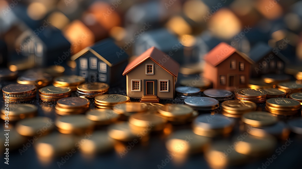 Miniature houses stand on a bed of gold coins, symbolizing the cost of home ownership. Miniature houses stand on a bed of gold coins, symbolizing the cost of home ownership.