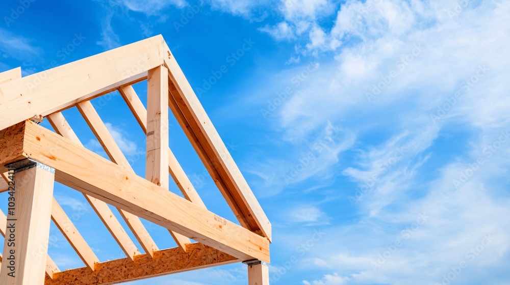 Construction Crew Aligning Wood Beams on Rooftop - Precision Framing Under Sunny Skies at a Countryside Home Construction Crew Aligning Wood Beams on Rooftop - Precision Framing Under Sunny Skies at a Countryside Home