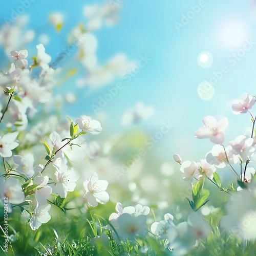 A serene scene of blooming flowers under a bright blue sky, evoking tranquility and natural beauty.
