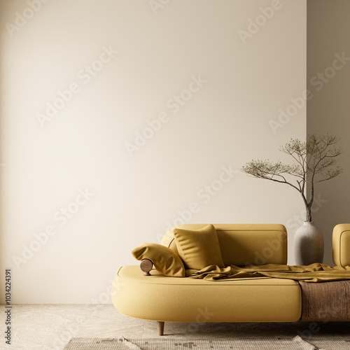 Empty wall mock up in boho style decorated livinig room. Light modern Interior design of living room with wooden furnitures. 3D illustration photo