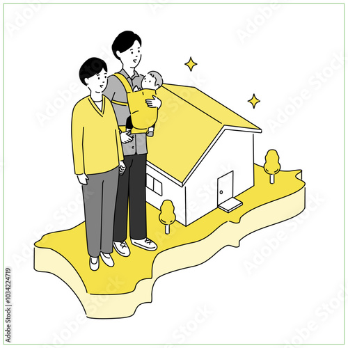 秋田県の地図と若い家族・家のイラスト、ベクター