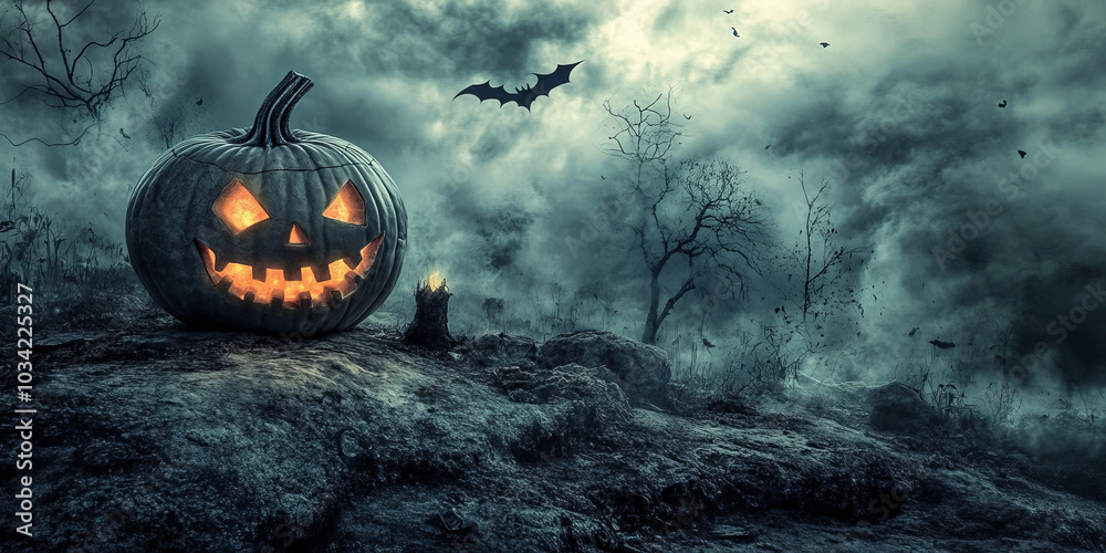 Naklejka premium Jack-o-lantern, a carved pumpkin with a scary face, is a popular Halloween decoration,Generated By Ai