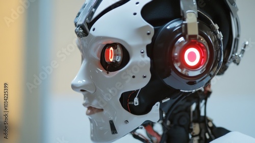 A futuristic humanoid robot with a sleek design and glowing elements.