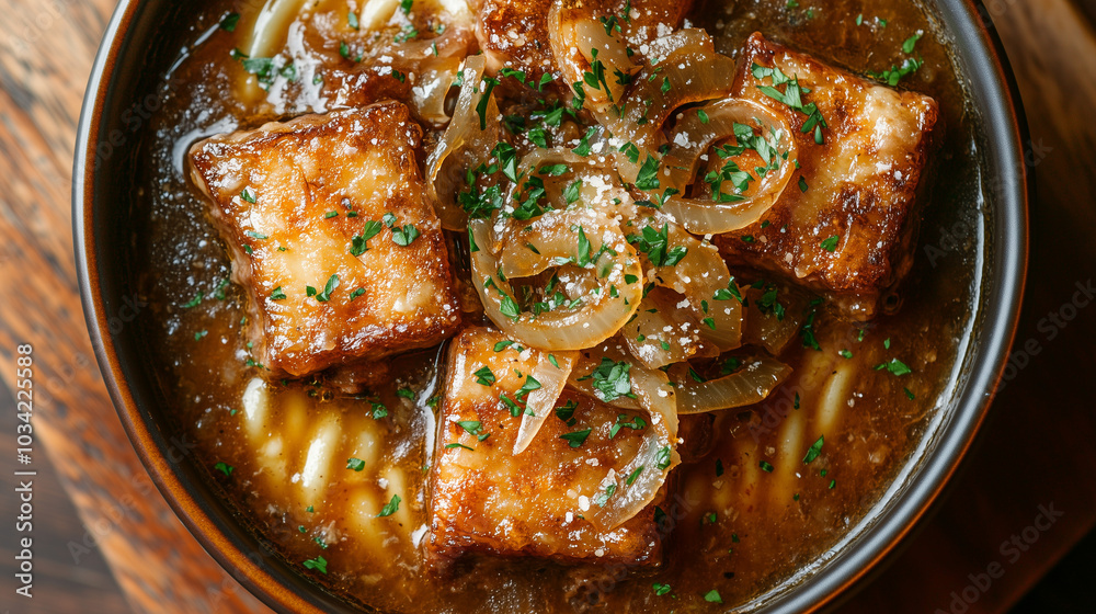 French Onion Beef and Noodles with cheese, classic comfort food with a savory twist French Onion Beef and Noodles with cheese, classic comfort food with a savory twist