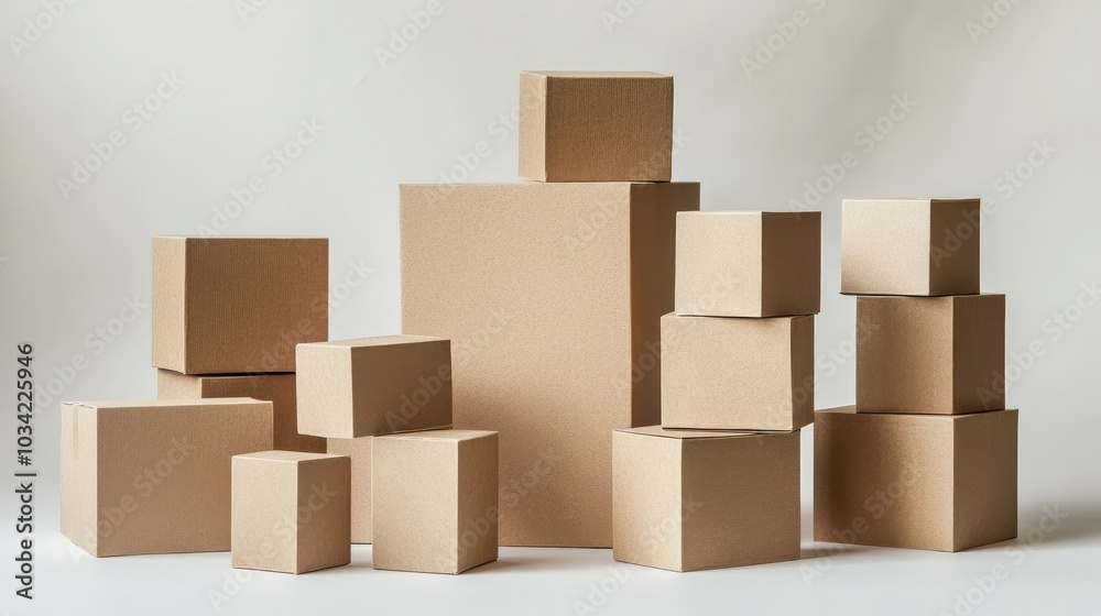 Fototapeta premium A group of differently sized brown paper boxes stacked together on a white background, suitable for logistics and packaging concepts.