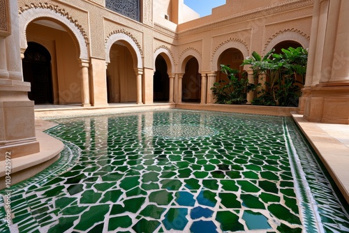 A Moroccan courtyard in winter, with green tile mosaics glistening after a light drizzle