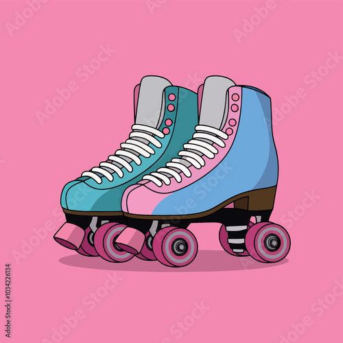 Pair of roller skates, sport and leisure concept, pink background.