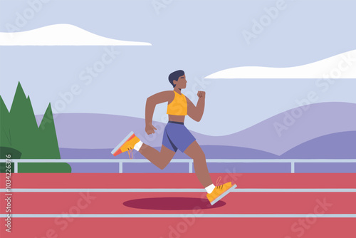 Person running on a running track, physical activity and sports concept.