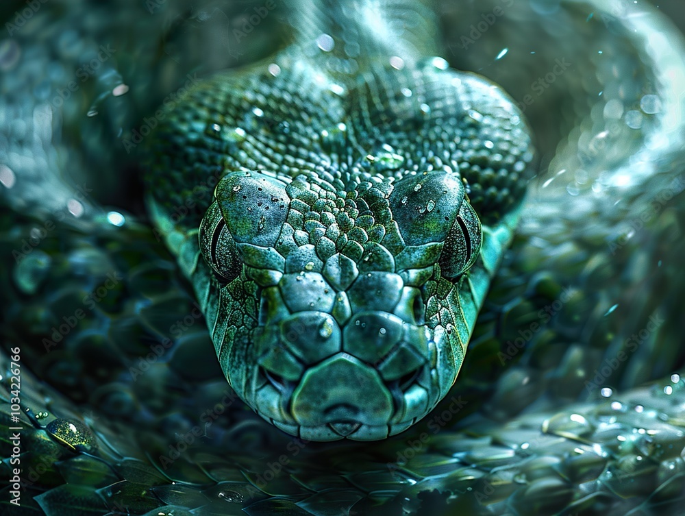 Close Up of a Green Snake with Water Drops Close Up of a Green Snake with Water Drops