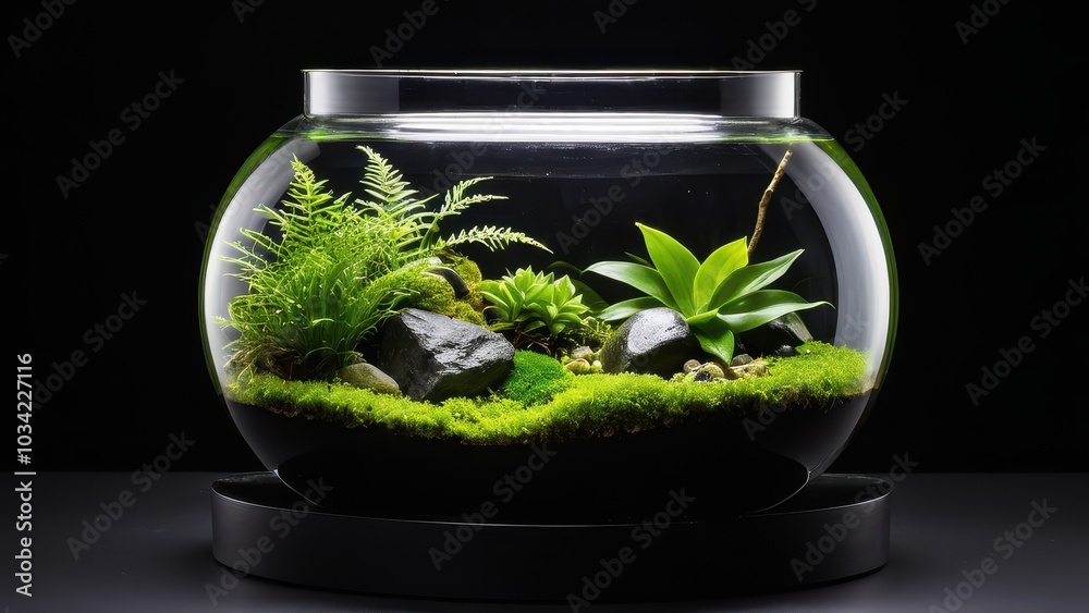 A vibrant mini terrarium featuring succulents and moss, set against a black background. Black vivarium background