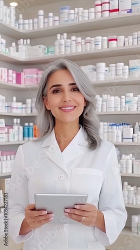 Smiling senior woman in a lab coat using technology to enhance healthcare communication in a modern medical supply setting