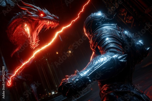 A dragon being defeated by a glowing lance, with the hero standing tall