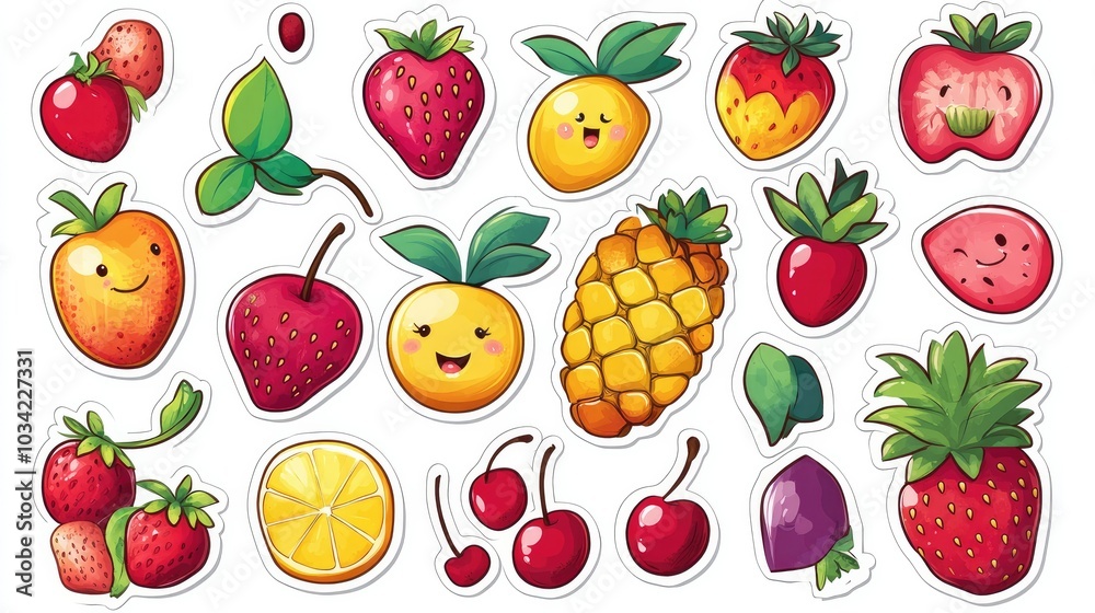 A vector assortment of adorable cartoon fruit stickers, with expressive strawberries, pineapples, and cherries, on a white background for creative projects. A vector assortment of adorable cartoon fruit stickers, with expressive strawberries, pineapples, and cherries, on a white background for creative projects.