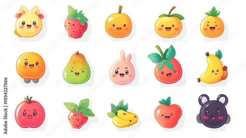 A vector set of cartoon character stickers, including adorable pets, fruits, and emojis, set against a clean white background for a whimsical touch. A vector set of cartoon character stickers, including adorable pets, fruits, and emojis, set against a clean white background for a whimsical touch.