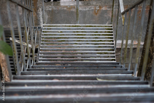 View Down Metal Staircase with Moss