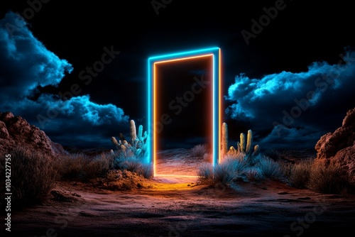 A glowing portal in a dreamlike landscape, symbolizing transcendence beyond physical limitations