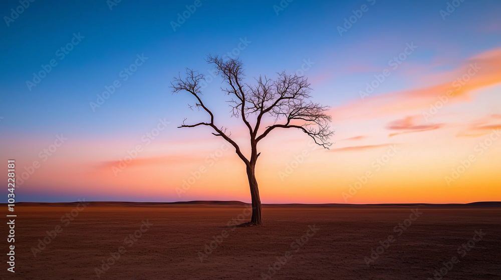 Lone tree silhouetted against colorful sunset sky Lone tree silhouetted against colorful sunset sky