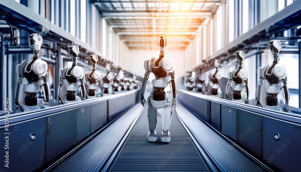Obraz premium Mass production of humanoid robots in a modern factory, a new era of robotics