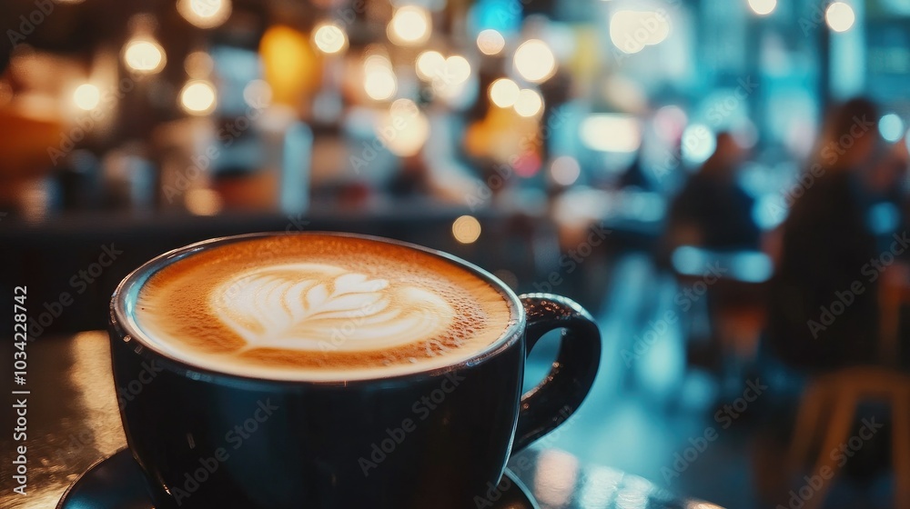 Close-up of a hot Americano with frothy crema in a dark ceramic cup, with a blurred background of a bustling cafe Close-up of a hot Americano with frothy crema in a dark ceramic cup, with a blurred background of a bustling cafe