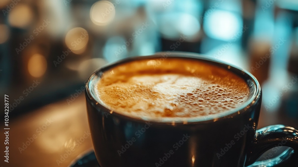 Close-up of a hot Americano with frothy crema in a dark ceramic cup, with a blurred background of a bustling cafe Close-up of a hot Americano with frothy crema in a dark ceramic cup, with a blurred background of a bustling cafe
