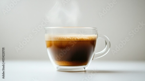 Close-up of a hot Americano in a transparent glass mug, with visible steam rising, placed on a white background.