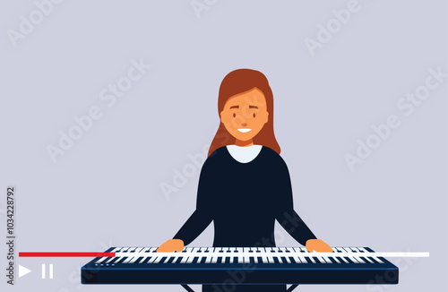 Musician playing keyboard synthesizer during online lesson on grey background
