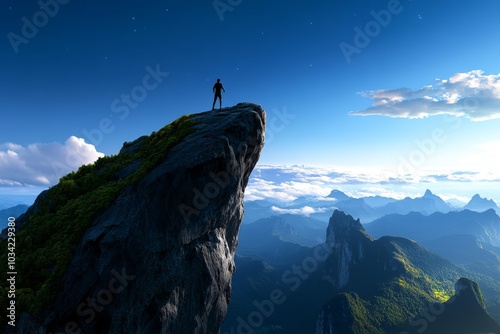 A person standing on the edge of a mountain, gazing into the vastness of space photo