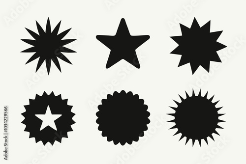 Set of vector starburst, sunburst badges. Black icons on white background. Simple flat style vintage labels