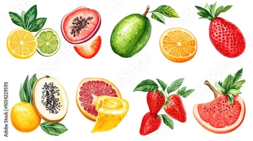 Collection of vector illustrations of fruits and vegetables in bright colors, set on a white background, great for healthy food designs and menus.