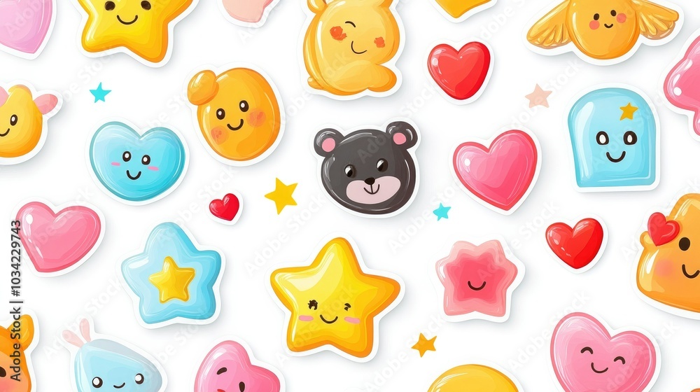 Obraz premium Cute cartoon stickers of smiling animals, hearts, stars, and emojis on a white background, great for social media, notebooks, and planner design.