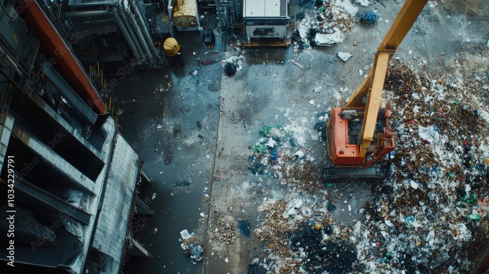 Detailed view of biodegradable waste being processed in a biomass facility, as machines work to generate energy from organic materials. Detailed view of biodegradable waste being processed in a biomass facility, as machines work to generate energy from organic materials.
