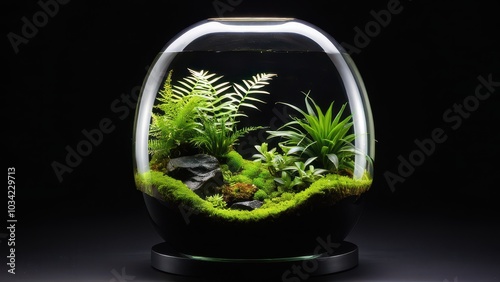 Wallpaper Mural A vibrant mini terrarium featuring succulents and moss, set against a black background. Black vivarium background Torontodigital.ca