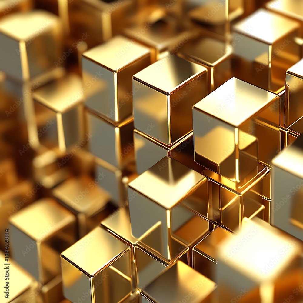 A close-up view of reflective golden cubes creating a visually striking abstract pattern. A close-up view of reflective golden cubes creating a visually striking abstract pattern.