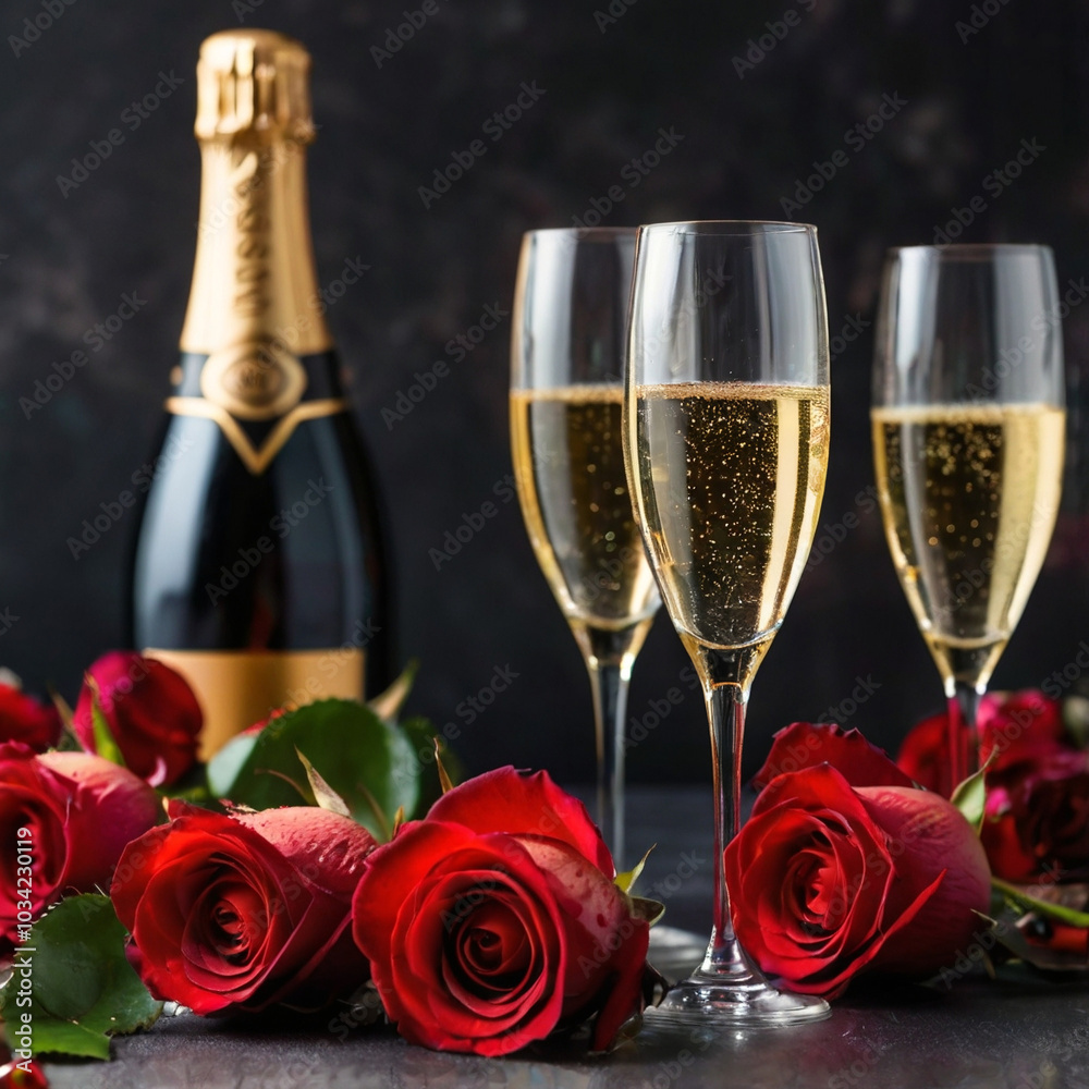 Three glasses of champagne, red roses on a black background. Celebrating of Valentines day. Dark food template. Romantic sweet gift. Festive luxe evening card Three glasses of champagne, red roses on a black background. Celebrating of Valentines day. Dark food template. Romantic sweet gift. Festive luxe evening card