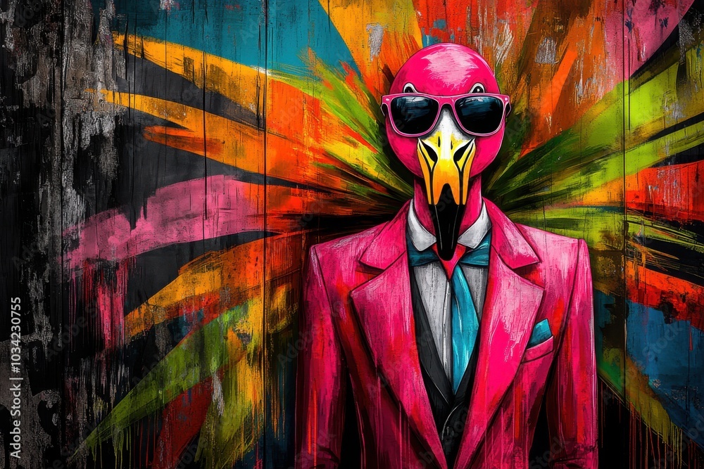 Stylish Flamingo in Bright Pink Suit with Sunglasses