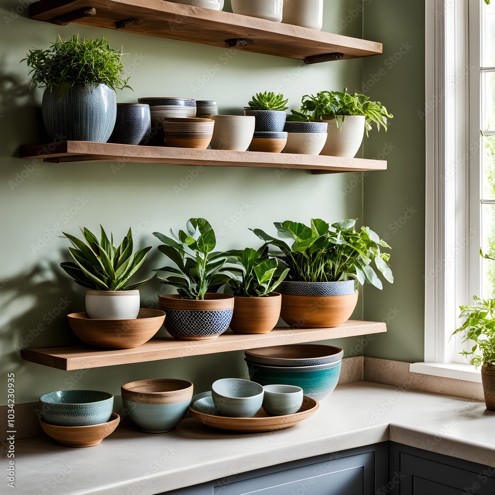 Fototapeta premium A sunlit kitchen corner, with a rustic wooden shelf holding neatly arranged ceramic bowls and a single, vibrant green houseplant