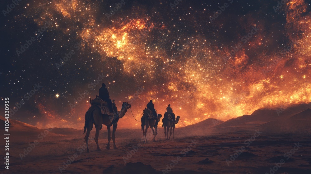 A lone camel caravan traveling through a desolate desert, under a sky full of stars A lone camel caravan traveling through a desolate desert, under a sky full of stars
