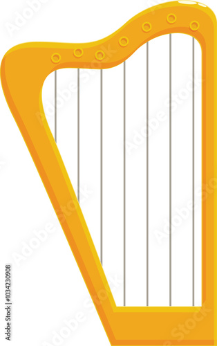 Golden harp standing on white background, stringed musical instrument, part of orchestra, classical music concept