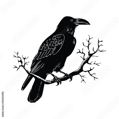 Raven on Skull Silhouette Vector Logo in Black Color