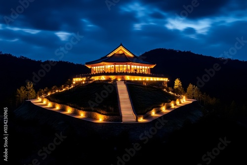 A temple on a hilltop bathed in darkness, with soft glowing lights from prayer offerings photo