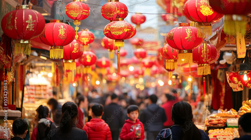 Chinese New Year A busy street with many people and lanterns hanging from the ceiling. Scene is lively and festive Chinese New Year A busy street with many people and lanterns hanging from the ceiling. Scene is lively and festive