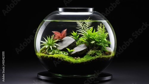 A vibrant mini terrarium featuring succulents and moss, set against a black background. Black background vivarium photo