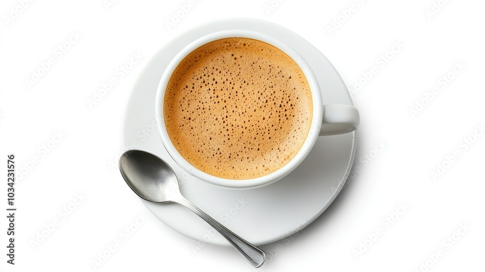 Top view of a hot coffee in a white cup, with visible crema, sitting on a saucer with a small spoon beside it, against a clean, white background. Top view of a hot coffee in a white cup, with visible crema, sitting on a saucer with a small spoon beside it, against a clean, white background.