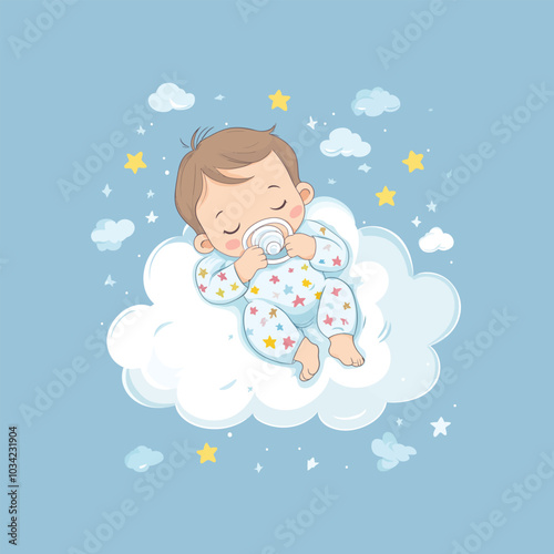 Cartoon Baby Sleeping on Cloud Pillow Vector for Nursery Themes