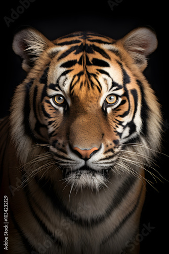 Majestic tiger portrait with intense gaze on black background