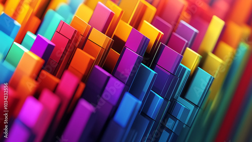 Vibrant abstract art piece featuring colorful geometric shapes in dynamic arrangement, creating sense of depth and movement. vivid colors evoke energy and creativity