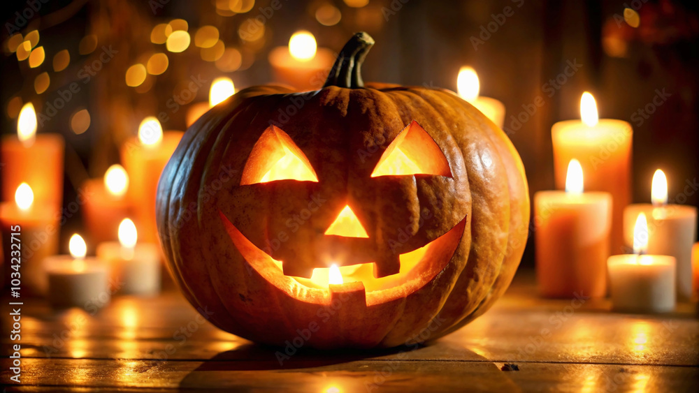 close-up of a carved pumpkin's glowing face in the dark close-up of a carved pumpkin's glowing face in the dark
